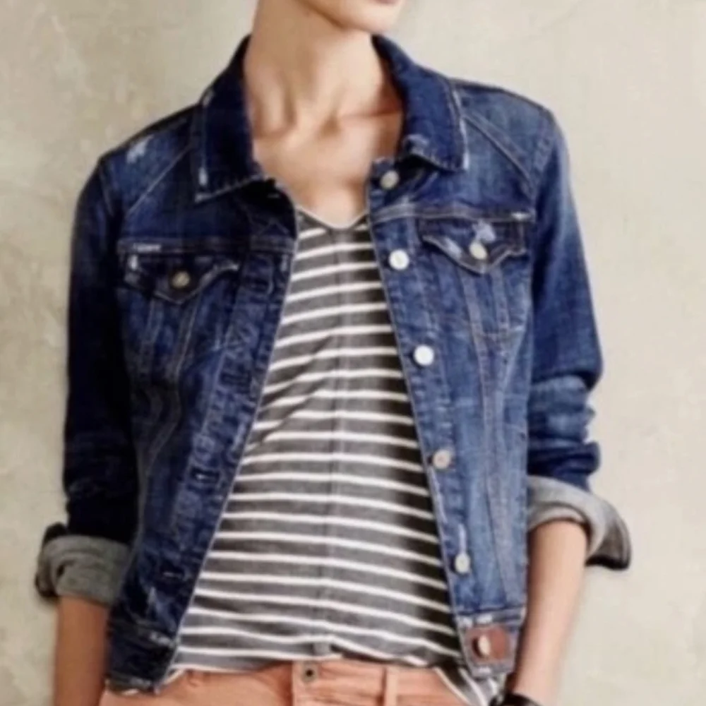 Pilcro and the Letterpress Anthropology Blu Distressed Denim Jean Jacket Size XS